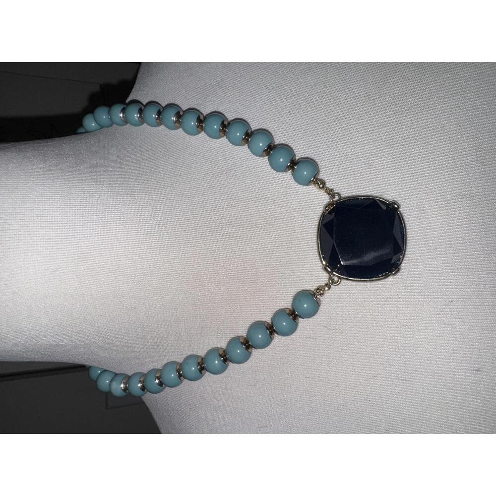 Beaded Necklace with Large Dark Blue Pendant